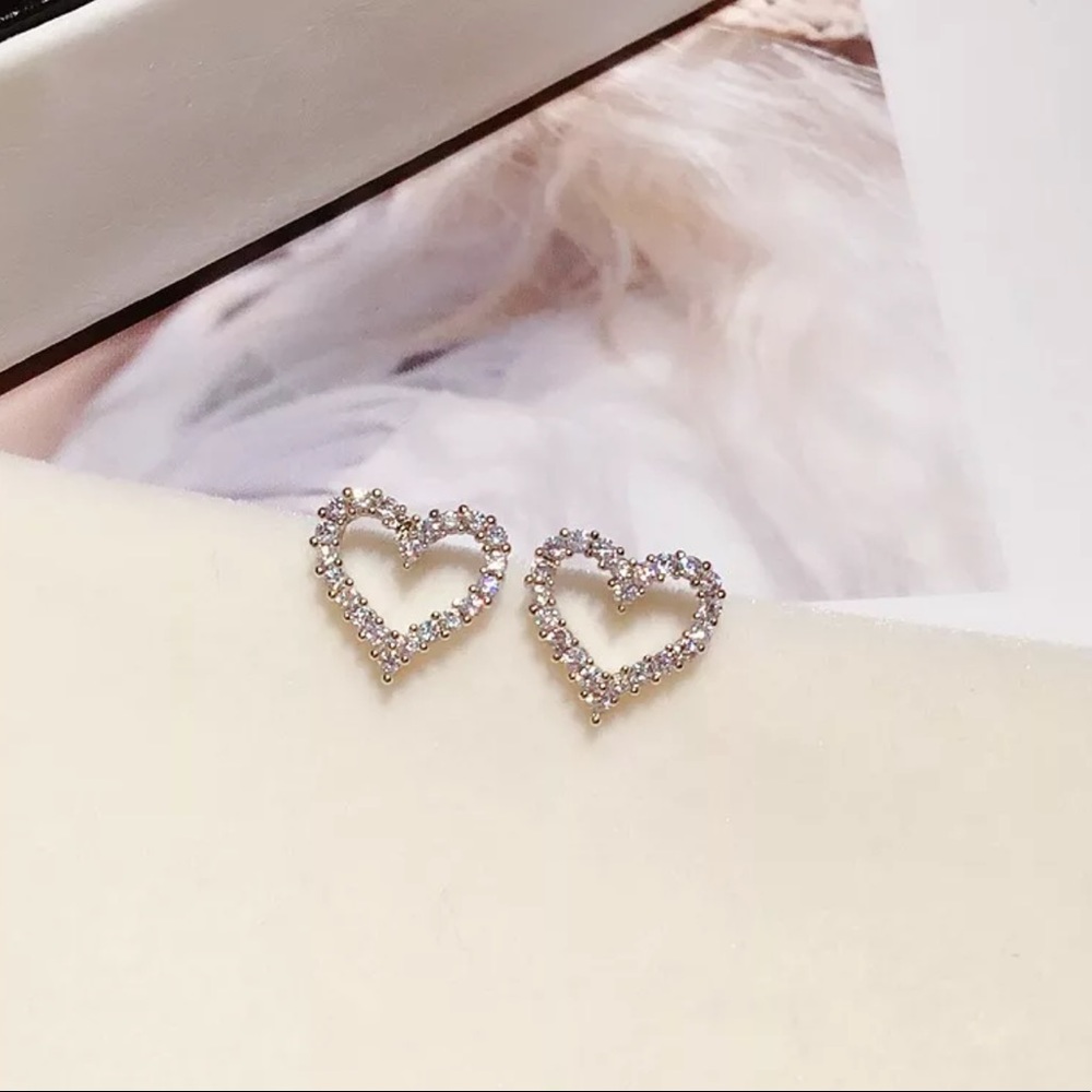 CZ Heart Rhinestone Studs - Picture 3 of 3